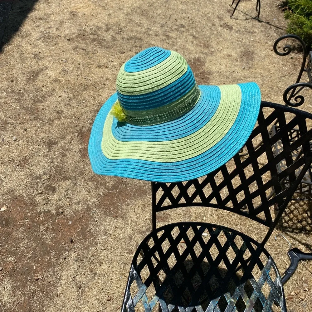 Fair Weather Blue and Green Striped Wide-Brim  Sun Hat - Picture 6 of 9